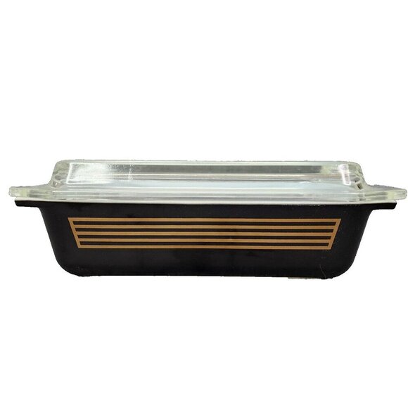 Vintage 1958 Pyrex Musical Staff Black Gold Lines Space Saver 575 With Lid MCM - Picture 1 of 14